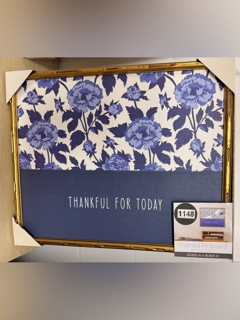 Framed Pinboad Blue Floral Wall Art - "Thankful For Today"